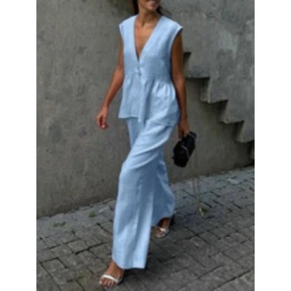 2026 V-neck sleeveless top, vest and long pants suit, solid-color two-piece set
