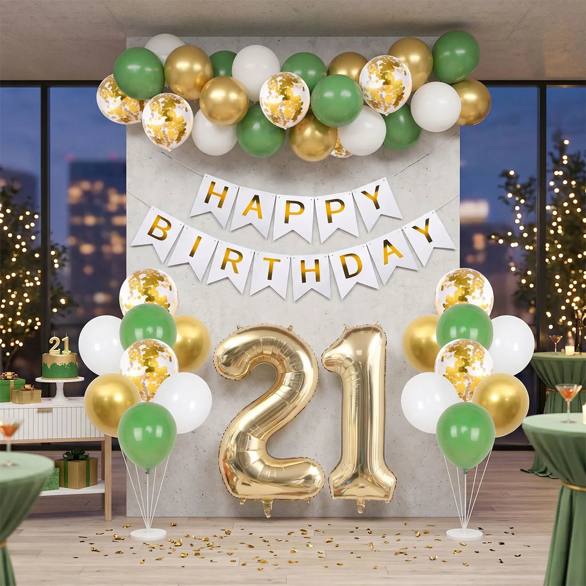 21/30/40/50/60/70th Birthday Green Gold Balloons Set Birthday Banner Party Background Decoration Adults 40inch Number Foil Ball