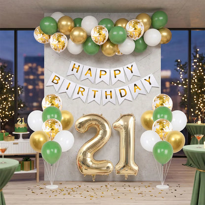21/30/40/50/60/70th Birthday Green Gold Balloons Set Birthday Banner Party Background Decoration Adults 40inch Number Foil Ball