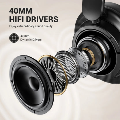 Bluetooth 5.3 Wireless Headphones 90H Playtime 40mm Drivers Over Ear Headset 3.5mm Wired Stereo Bass Pop Sound Modes Multipoint App Control Built In Mic Foldable 197g Deep Bass for iPhone Android PC Mac Music