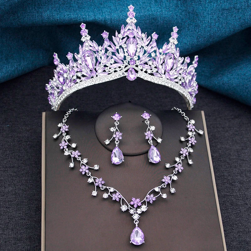 Baroque Wedding Crown for Bride 3-pack Tiara Earrings Necklace Bridal Jewelry Set Champagne Crystal Costume Party Birthday Gift