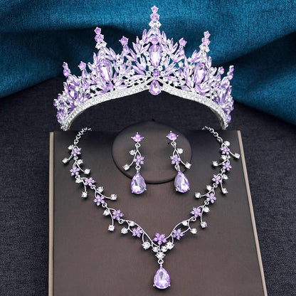 Baroque Wedding Crown for Bride 3-Pack Tiara Earrings Necklace Bridal