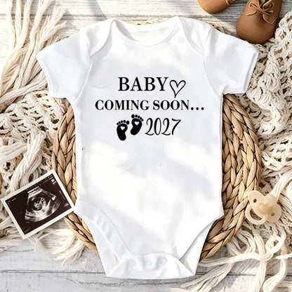 Baby Coming Soon 2027 Baby Bodysuit Pregnancy Announcement Onesie Short Sleeve Cotton Newborn Outfit Baby Reveal Photo Prop