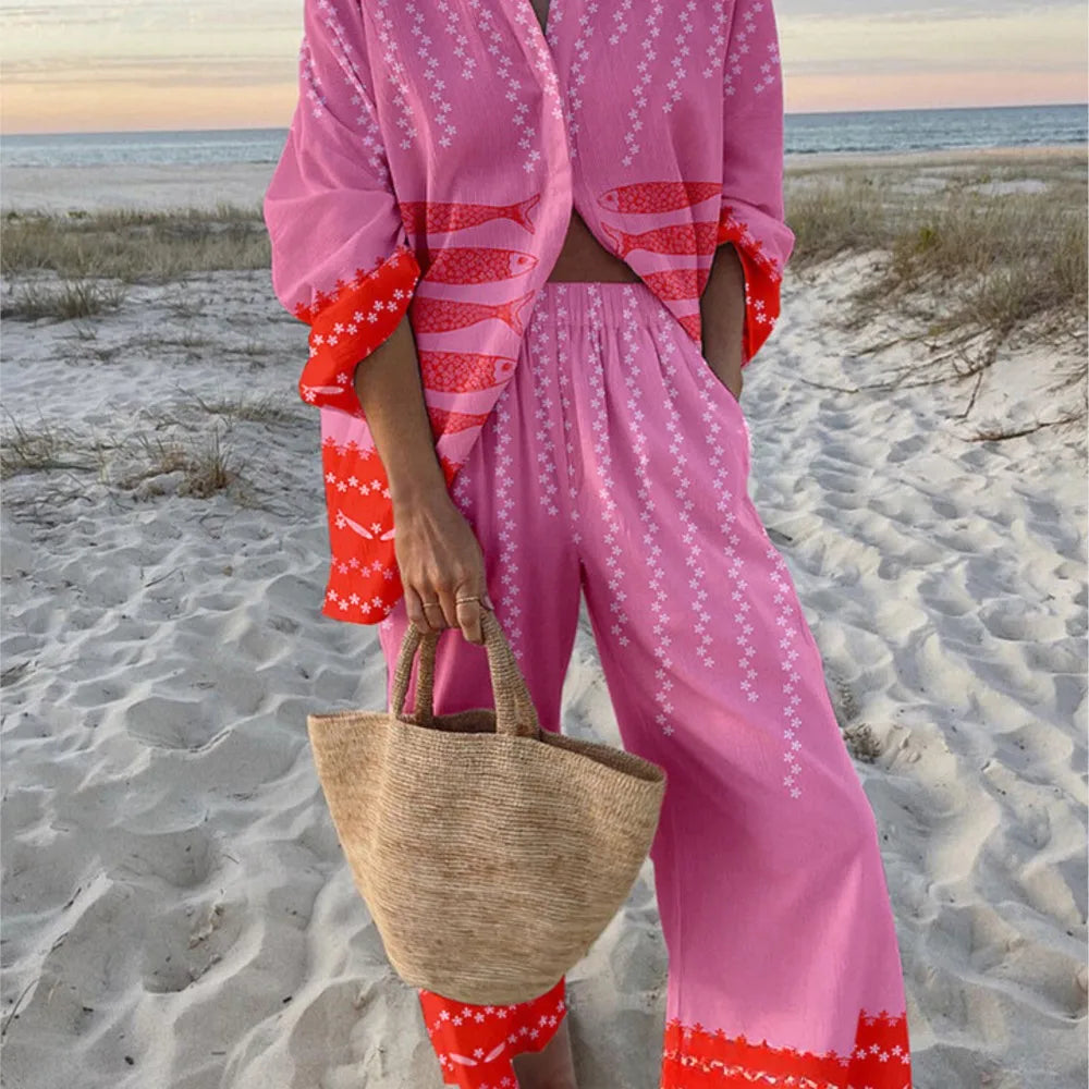Summer Casual Shirts Two Piece Outfits 2 Pieces Set For Woman New In Matching Sets Blouse For Woman Temperament Vacation Printed