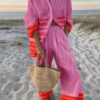 Summer Casual Shirts Two Piece Outfits 2 Pieces Set For Woman New In Matching Sets Blouse For Woman Temperament Vacation Printed