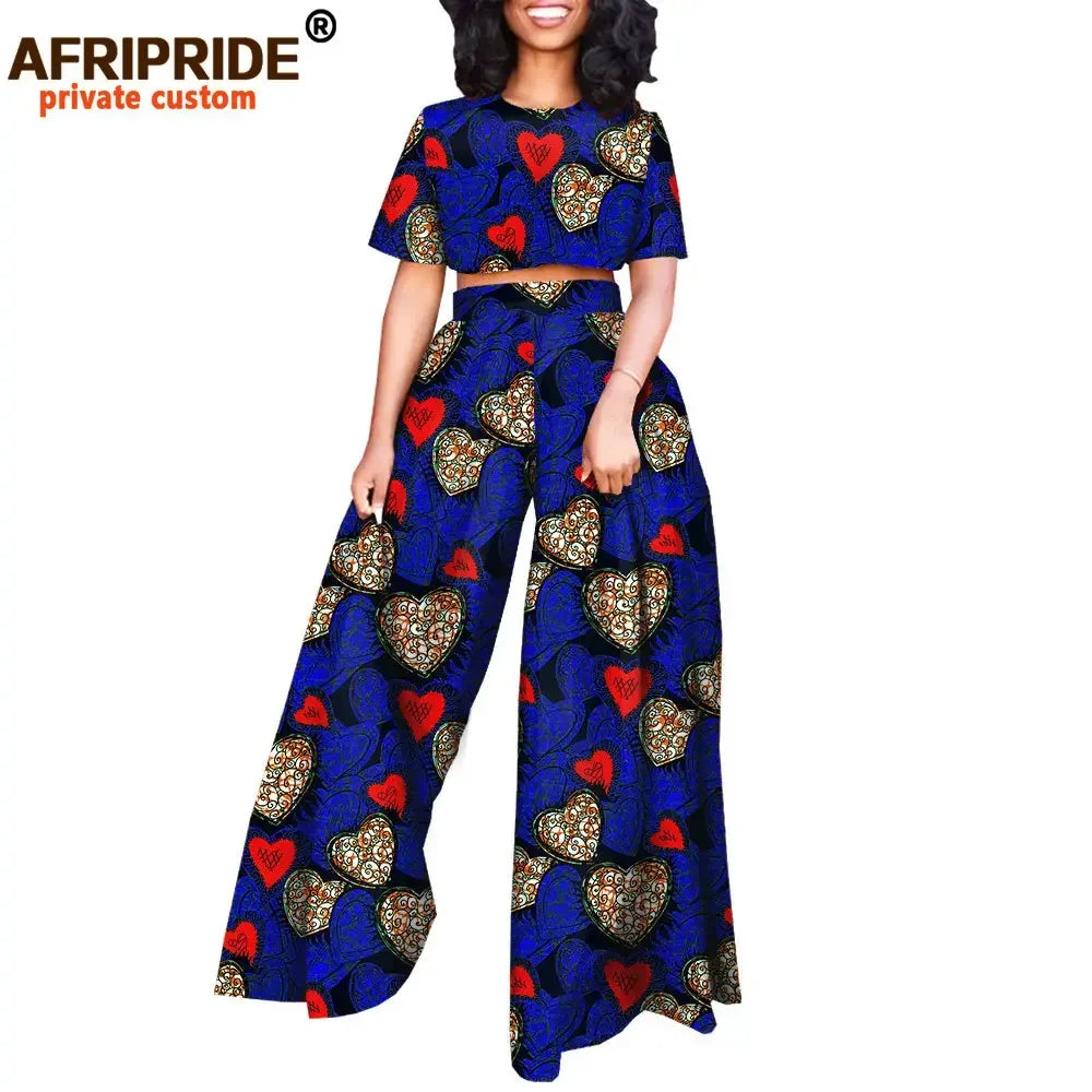 African 2 Piece Set for Women Print Tops and Ankara Pants Dashiki Clothing Tracksuit Short Blouse Outfits Wax AFRIPRIDE A2026001