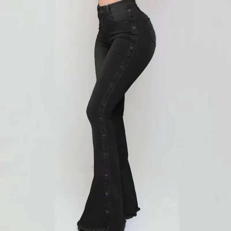 High-Waist Flare Denim Jeans | Distressed Vintage Stretch Trousers | Women's Floor-Length Streetwear Pants
