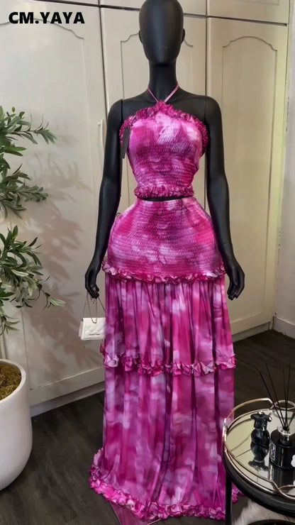 CM.YAYA Women Set Tie Dye Print Sleeveless Halter Crop Tops +Ruffles Long Skirt 2026 Summer Beach Vacation Two Piece Set Outfits