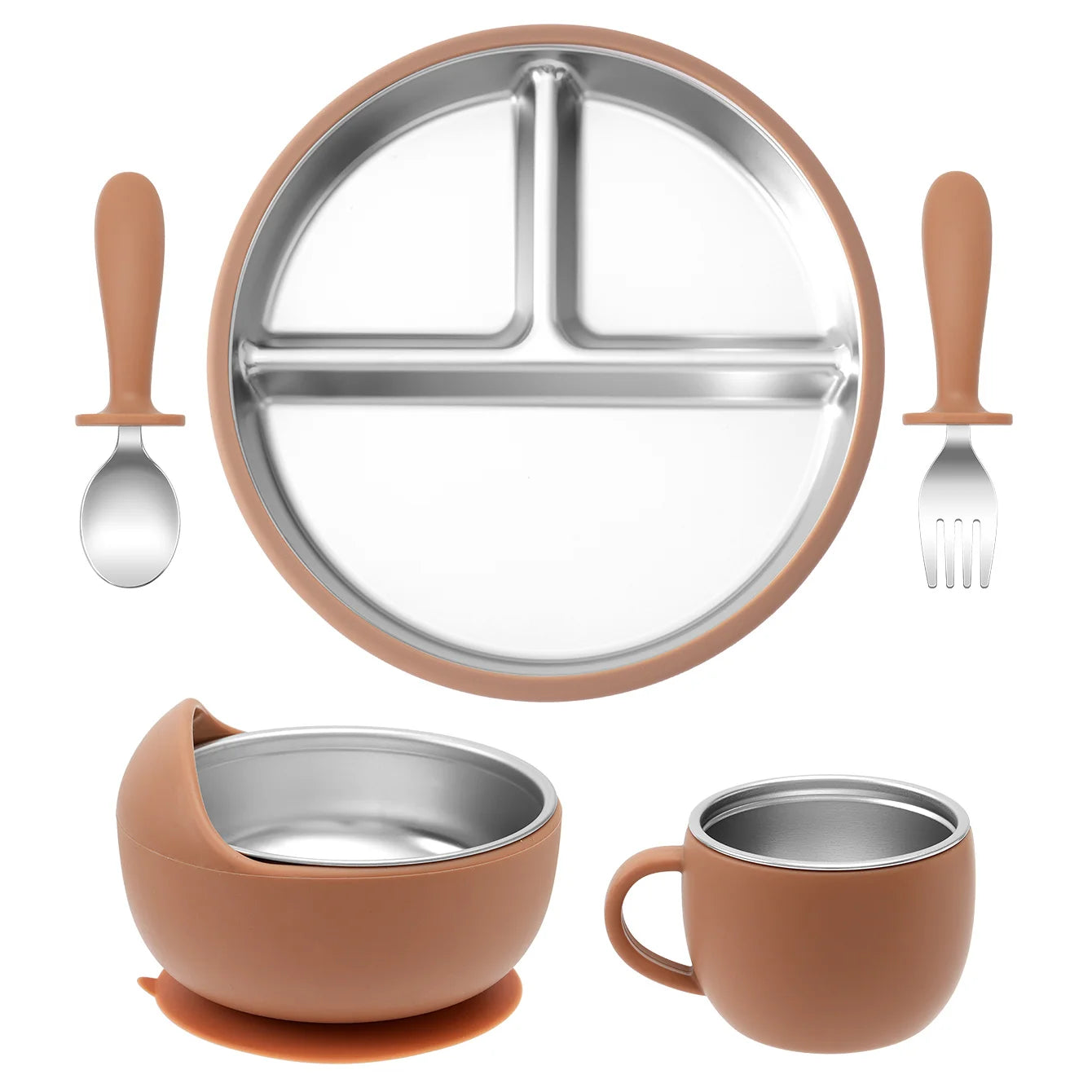 Color Kids 5PCS Baby Feeding Set Stainless Steel Silicone Tableware Sucker Dishes Plate Bowl Training Fork Spoon Infant Cup