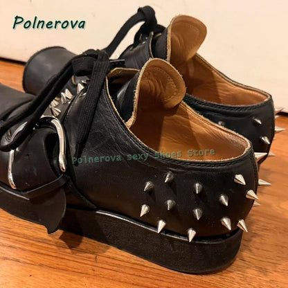 Black Rivet Belt Buckle Pumps 2026 Spring Summer New Arrivals Square Toe Thick Sole Lace Up Couple Pu Leather Shoes Casual Trend
