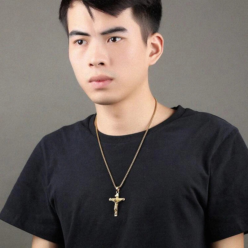 Religious Jesus Cross Stainless Steel Necklace For Men Fashion Gold Silver Color Cross Pendent With Chain Necklace Jewelry Gift