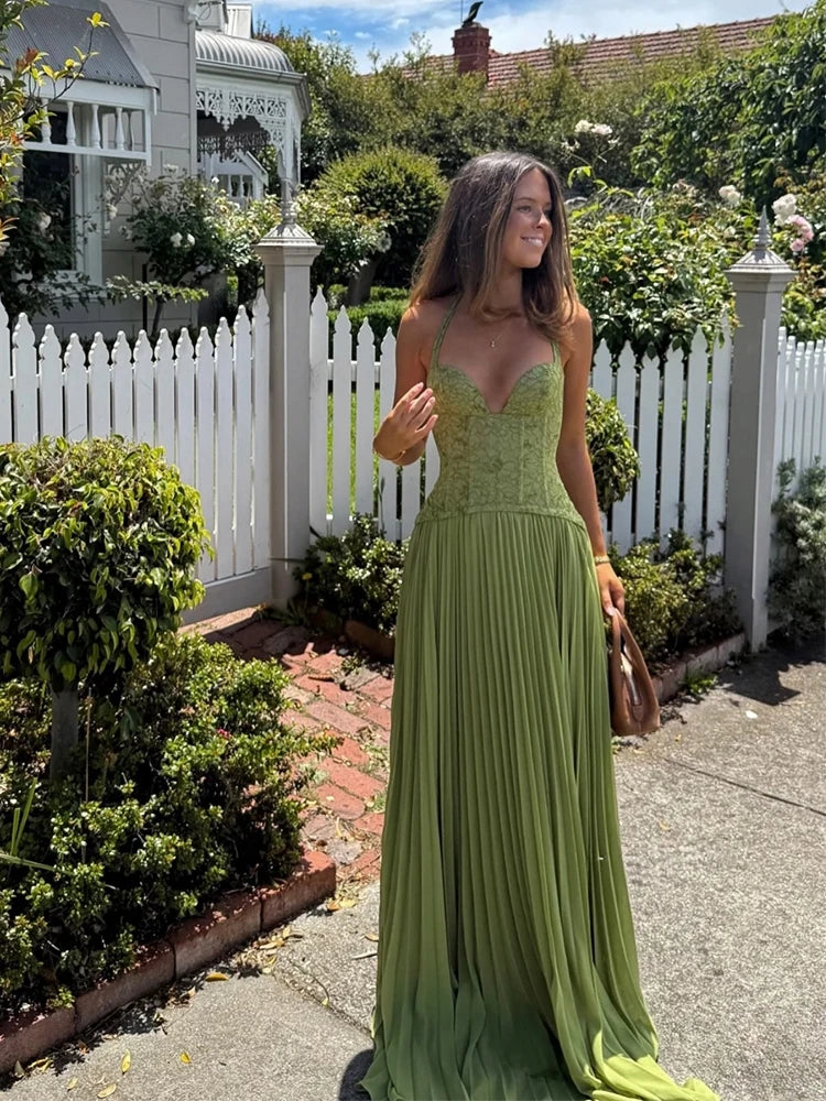 Green Corset Halter Long Dress Women Backless Off Shoulder Pleated Patchwork Slim Maxi Dress 2026 Summer Lady Party Evening Gown