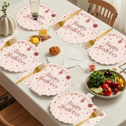 48PCS Happy Birthday Plates and Napkins Party Supplies-Disposable and Gold Scalloped Dessert Cake Plates Napkins Forks Tablewar
