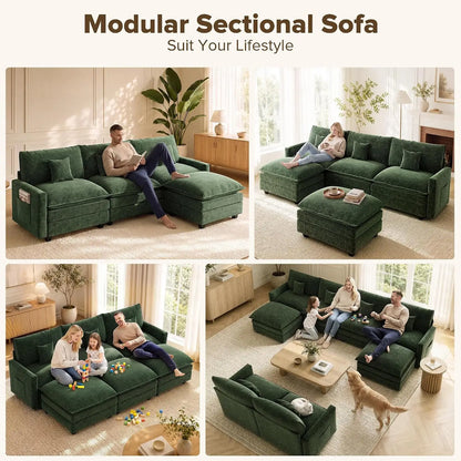 108 Inch Cloud Couch Sectional, Modular Sectional Sofa with Ottoman, Green | L Shaped Sectional Couches for Living, Customized