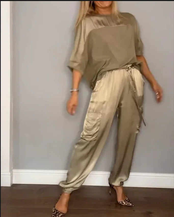 Elegant Satin Two Piece Set Women Outfits Spring Summer Casual Solid O Neck Shirt Long Pants Tracksuit Fashion Female Loose Suit
