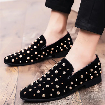 Trendy New Wedding Dress Rock Punk Rivet Suede Leather Shoes For Men Driving Loafers Prom Homecoming Party Footwear Zapatos