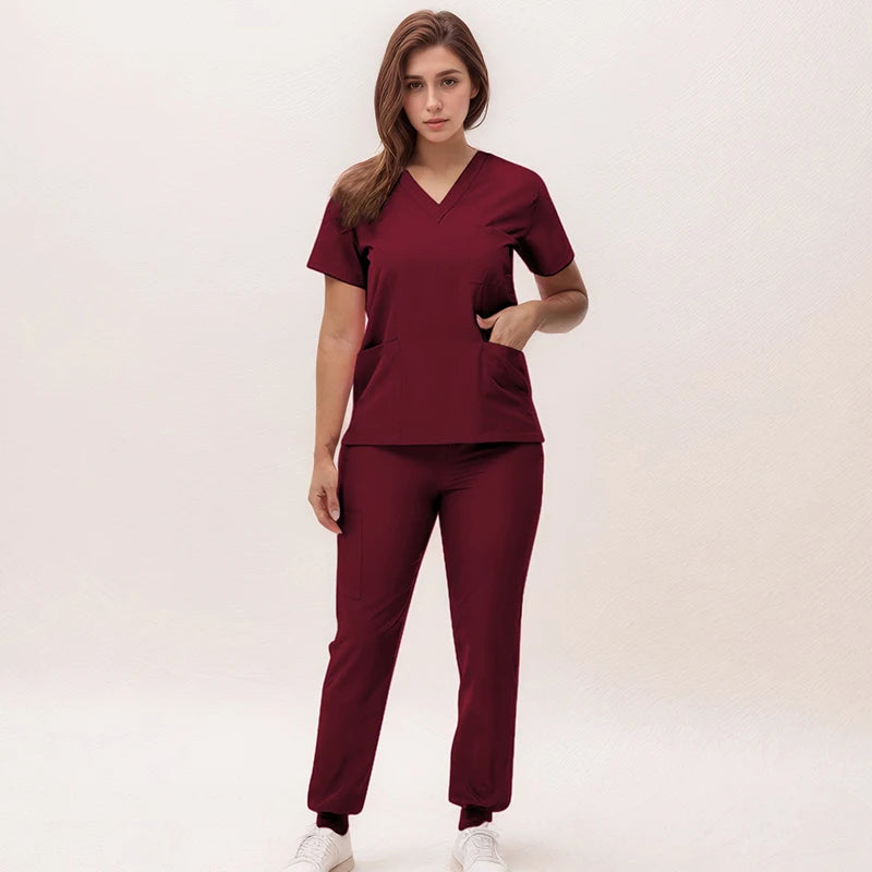 Women's Nurse Scrub Set | V-Neck Top & Jogger Pants, Stretch Jersey | Medical Workwear