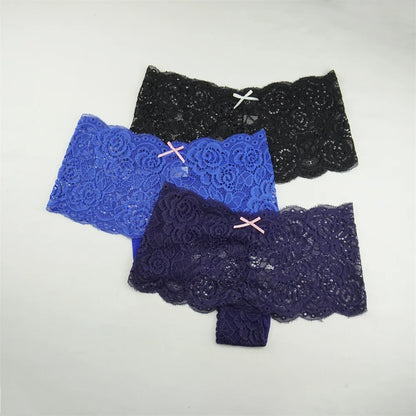 3PCS Transparent Boyshorts Women Underwear Lace Boxers Ladies Plus Size M-XXL Hollow Out Floral Panties Femme Intimates