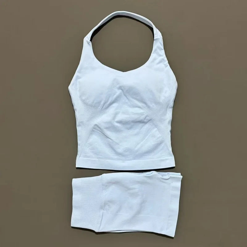 2 Pieces Shorts Yoga Set Women Backless Halter Tops High Waist Seamless Shorts Gym Suit Fitness Sportswear Workout Sets