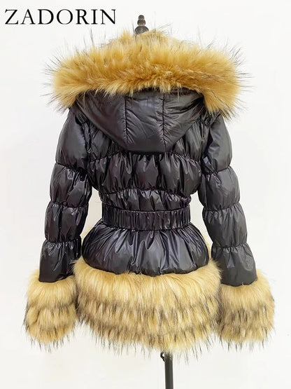 ZADORIN Winter Coat Women New Fashion Faux Fur Coat Detachable Sleeves Hood Duck Down Coats Hooded Black Puffer Jacket Outwear