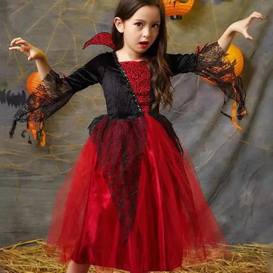 Kids Girls Vampire Devil Cosplay Dress Complete Set with Accessories Halloween Theme Party Costume Holiday Gift for Girls