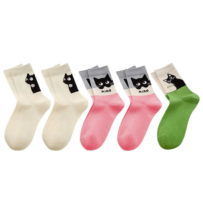 5 Pairs Cartoon Cat Women Cotton Spring Summer Socks Set Autumn Female Lady Girls Middle Tube Cute Student Socks For Women Girl