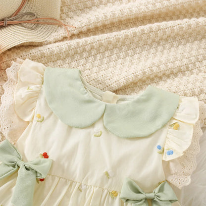 Summer Toddler Dress Cute Doll Collar Flower Embroidered Bow Princess Dress for Baby Girl 0-2 Years Old