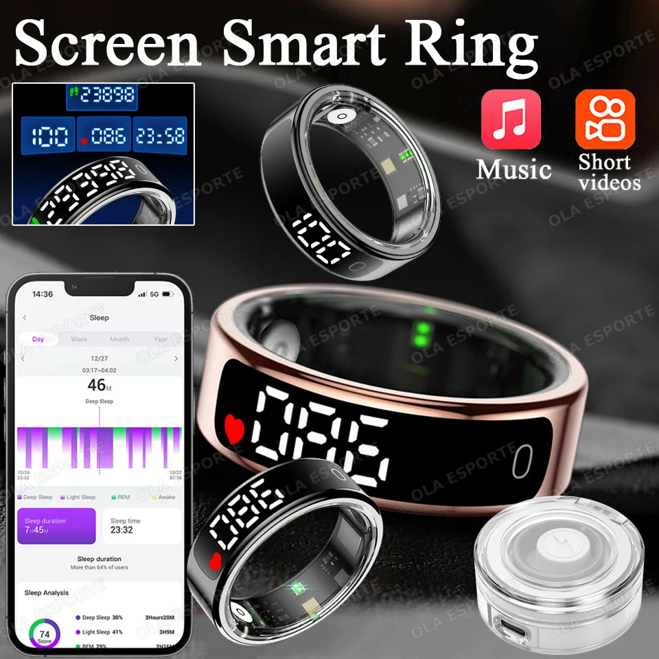 New Smart Ring R13 LED Display Screen Gesture Sweep Video Heart Rate Sleep Monitor 5ATM Waterproof Wireless Charging Rings HT30