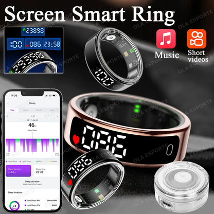 New Smart Ring R13 LED Display Screen Gesture Sweep Video Heart Rate Sleep Monitor 5ATM Waterproof Wireless Charging Rings HT30