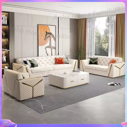 Modern Luxury White Leather Chesterfield Sofa Tufted Couch Living Room Furniture 3 Seater Loveseat Hotel Villa Sponge Filled