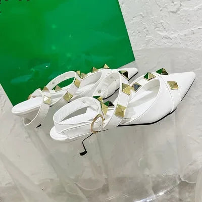 2024 New Rivet Pointed Thin Heel Baotou Half Slipper Female Middle Heel Shallow Mouth Lazy Mueller Shoes
