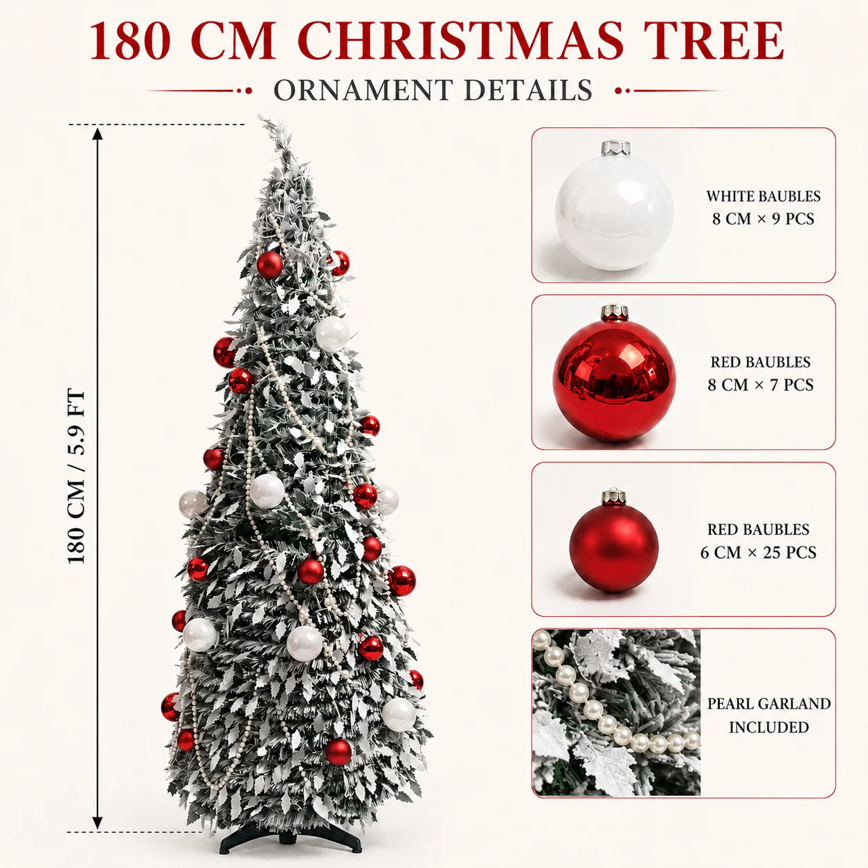 Flocked PVC Christmas Tree 1.5/1.8/2.1M Pre‑Attached Baubles, Foldable Xmas Tree with USB String Lights for Home Holiday Decor