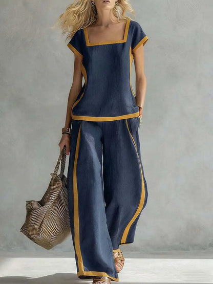 Fashion Square-neck Short-sleeved Wide-leg Trousers Women 2piece Summer New Casual Retro Pocket Trousers Female Office Suit 2026