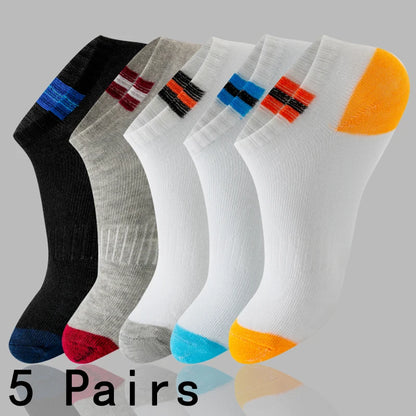 5pairs Men's Fashion Sports Socks, Striped Cotton Sweat Absorption Breathable Comfortable Ankle Socks