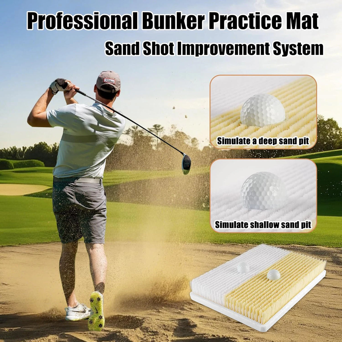 Golf Bunker Practice Mat-Dual-Mode Sand Trap Trainer with Shallow & Deep Pit Simulation, 15.5' X 11.6'' Portable Golf Hitting