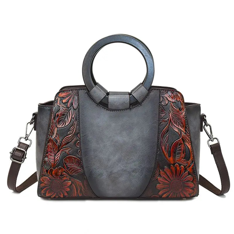 2026 New Vintage Chinese Leather Carved Leather Handbag Women Embossed Versatile Cheongsam One-shoulder Crossbody Mother Bag