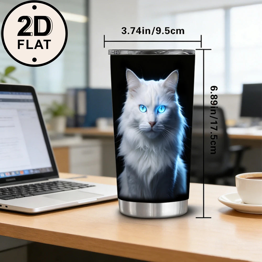 20oz Majestic White Cat Printed Stainless Steel Tumbler with Lid and Straw, Glowing Blue Eyes Fluffy Kitten Dark Portrait Pet Lovers Vacuum Insulated Travel Coffee Mug Gifts