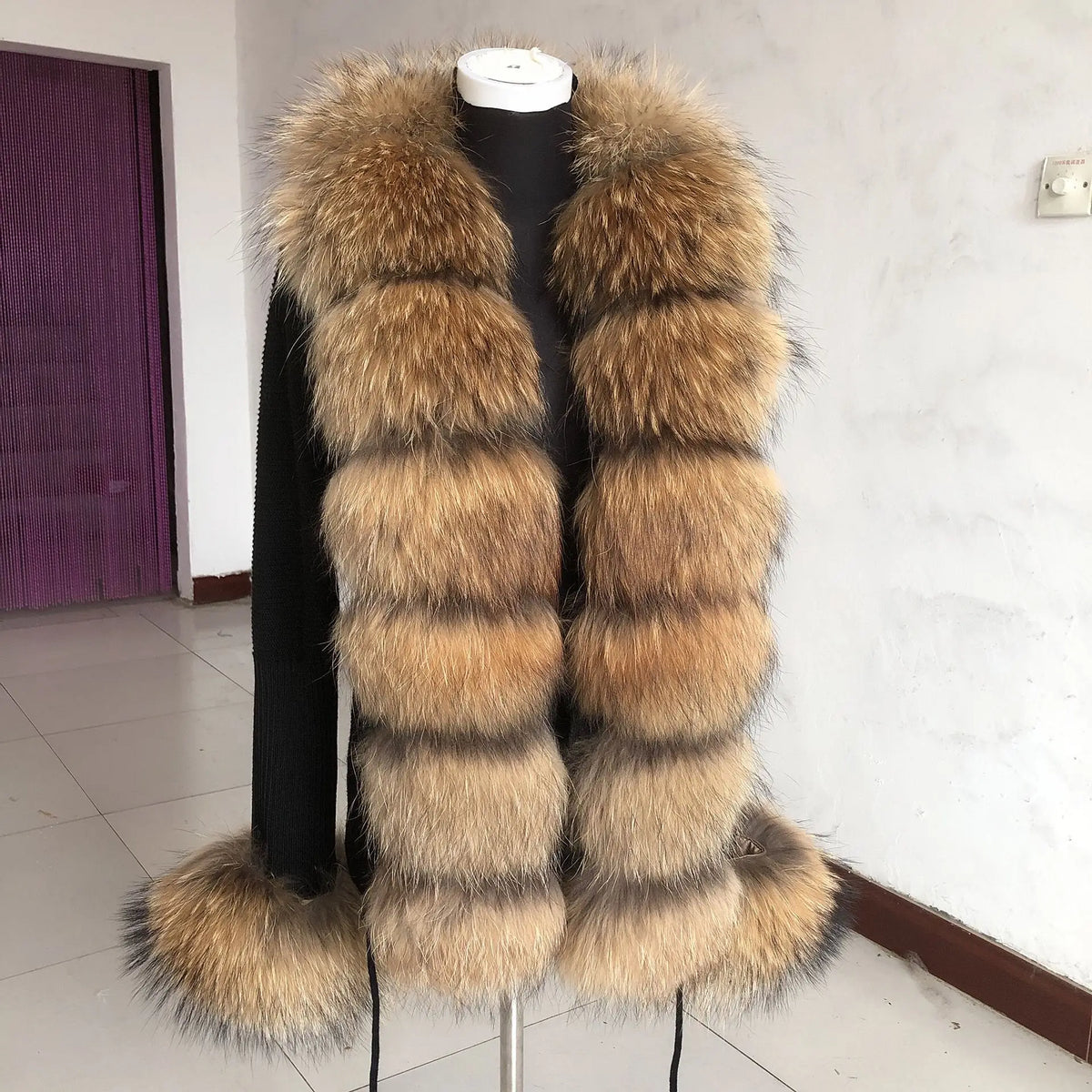 Women's Real Fox Fur Cardigan Jacket Spring and Autumn with Knitted Sweaters and Real Fox Fur Collar Women Raccoon Fur Cardigan