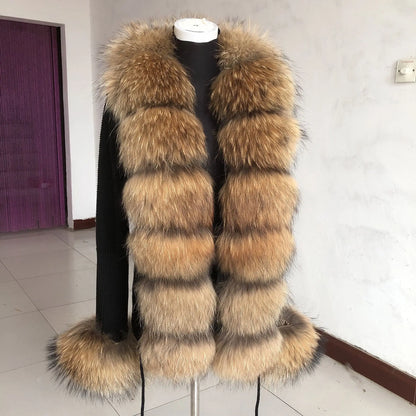 Women's Real Fox Fur Cardigan Jacket Spring and Autumn with Knitted Sweaters and Real Fox Fur Collar Women Raccoon Fur Cardigan