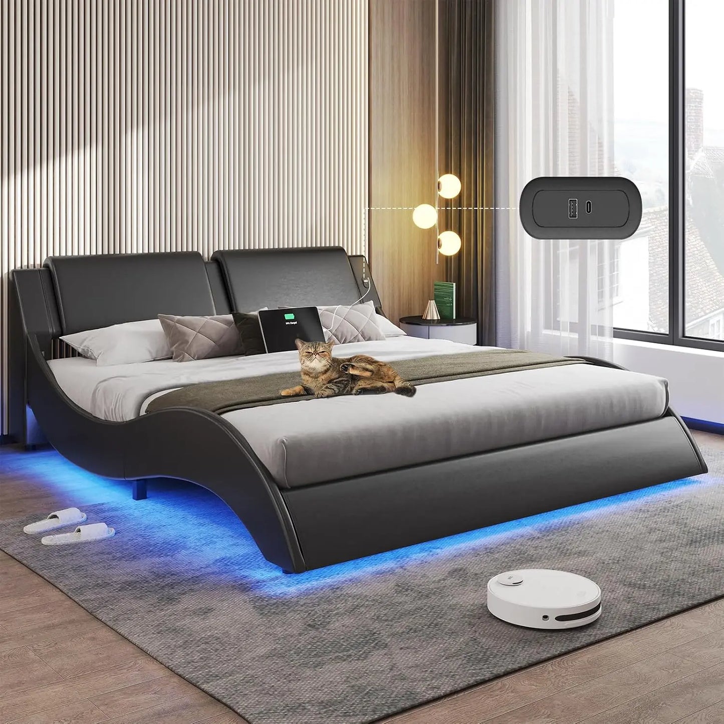 Modern Upholstered Queen Platform Bed Frame,Headboard with LED Lights & Charging Ports,Bedroom Furniture,Faux Leather, Custom