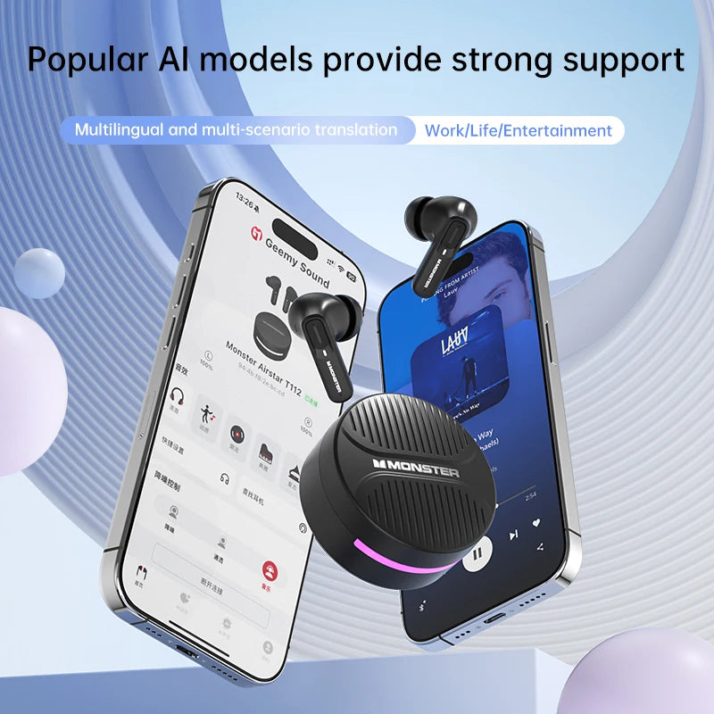 Monster T112 TWS Bluetooth Earbuds AI Multilingual Translation 9D Surround Sound Noise Cancelling Dopamine Color