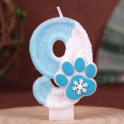 Cat Paw Theme 0‑9 Number Birthday Candle Blue White Glitter Cake Topper With Snowflake Cat Paw Ornament Cake Decoration Supplies