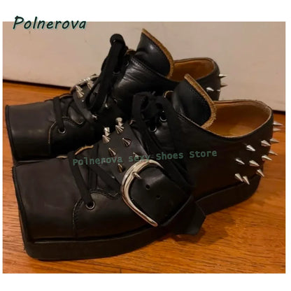 Black Rivet Belt Buckle Pumps 2026 Spring Summer New Arrivals Square Toe Thick Sole Lace Up Couple Pu Leather Shoes Casual Trend