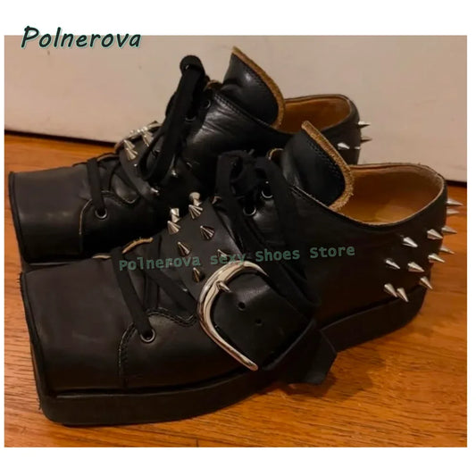 Black Rivet Belt Buckle Pumps 2026 Spring Summer New Arrivals Square Toe Thick Sole Lace Up Couple Pu Leather Shoes Casual Trend
