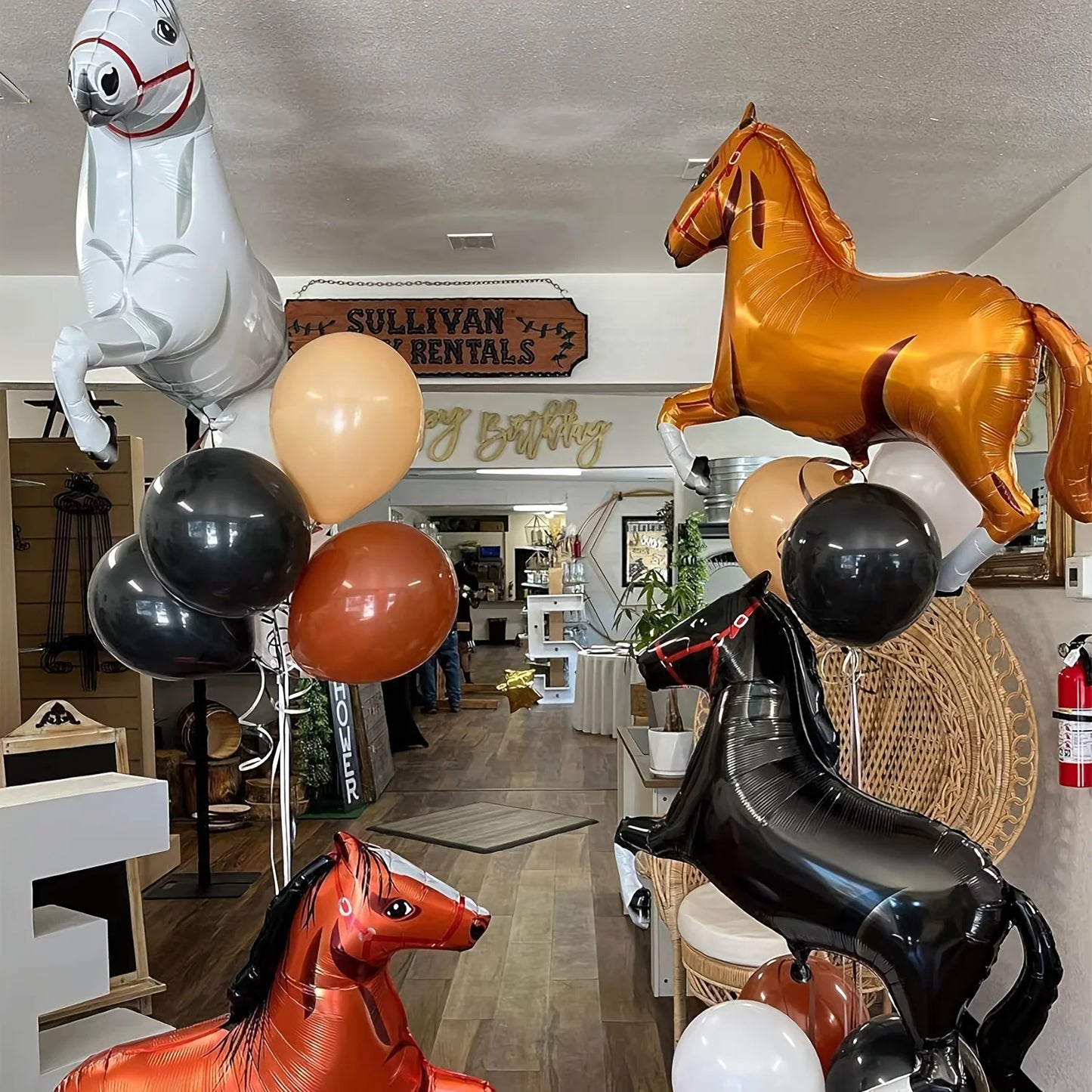4 Western Cowboy Themed Party Balloons - Self-Sealing Aluminum Foil Horse Decorations, Brown and Black Horses with Gold Accents, Suitable for Birthdays, Father's Day, and Summer Celebrations
