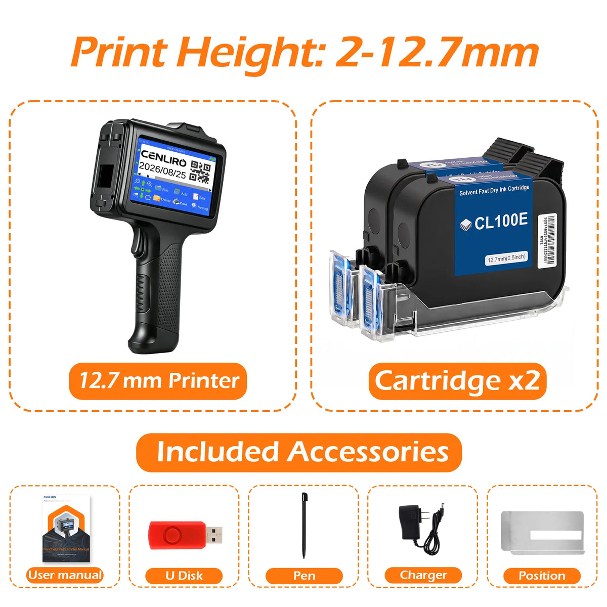 Cenliro Upgrated Handheld Inkjet Printer CL12B with Black Fast-drying Ink Cartridge for Date Batch Number Logo QR Code 600DPI