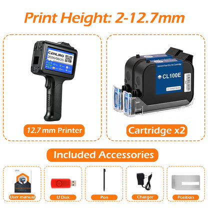 Cenliro Upgrated Handheld Inkjet Printer CL12B with Black Fast-drying Ink Cartridge for Date Batch Number Logo QR Code 600DPI