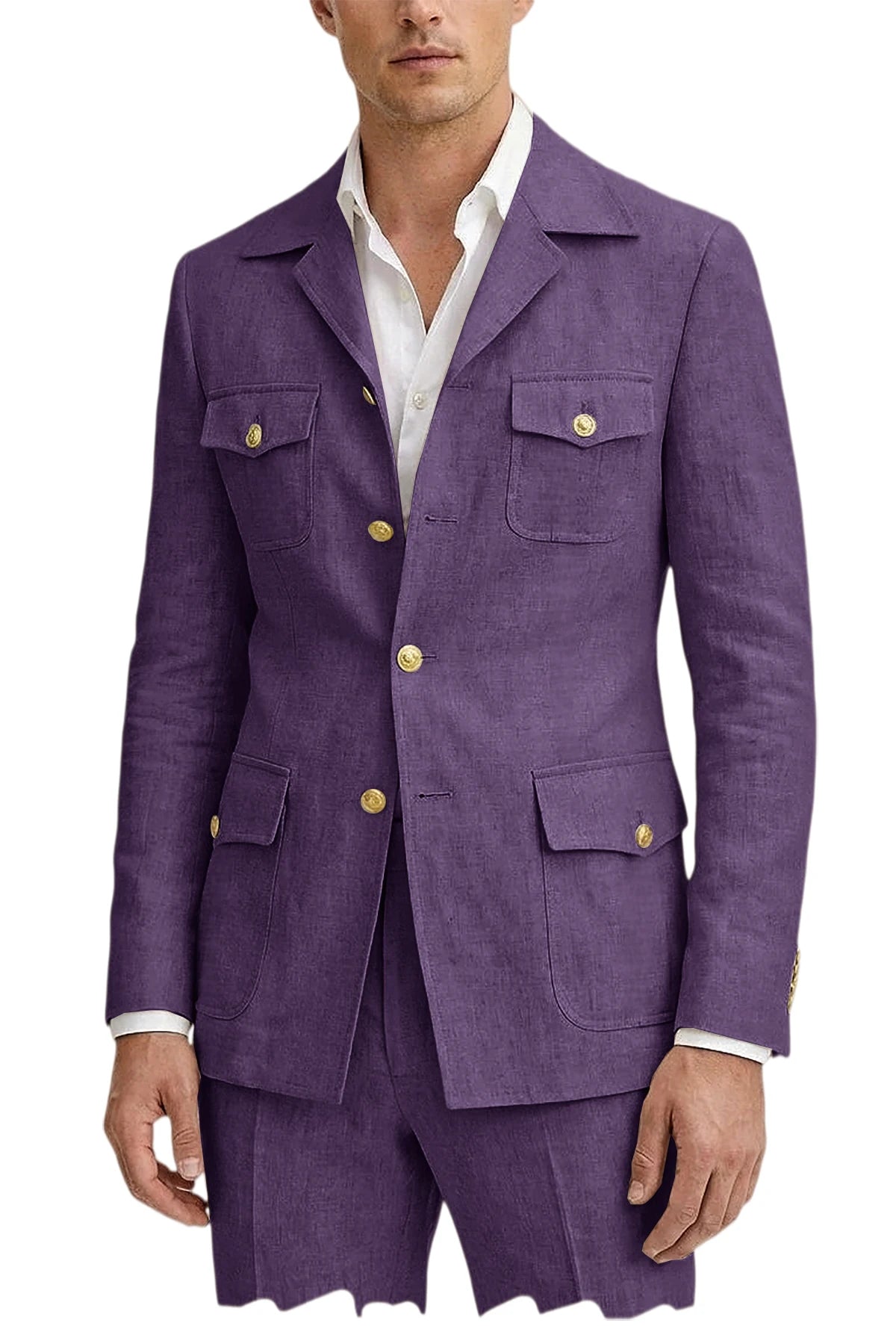 Men's Linen Suit 2 Piece Blazer Pants Set Multi-Pocket Safari Style Slim Fit Formal Business Casual Jacket Trousers for Summer