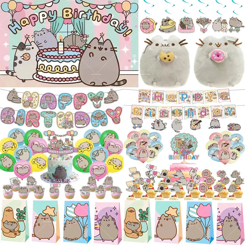 Pusheen Balloons Cartoon Cat Birthday Banner Decoration Party Supplies Backdrop Cake Topper Gift Bag Sticker Spiral Plush Doll