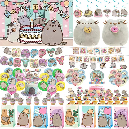 Pusheen Balloons Cartoon Cat Birthday Banner Decoration Party Supplies Backdrop Cake Topper Gift Bag Sticker Spiral Plush Doll